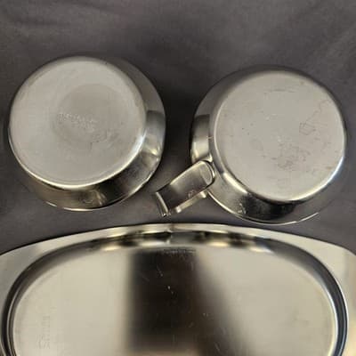 Vintage 1970 Oneida 18/8 Stainless Steel Sugar & Creamer w/ Matching Plate Japan - Thumbnail 7