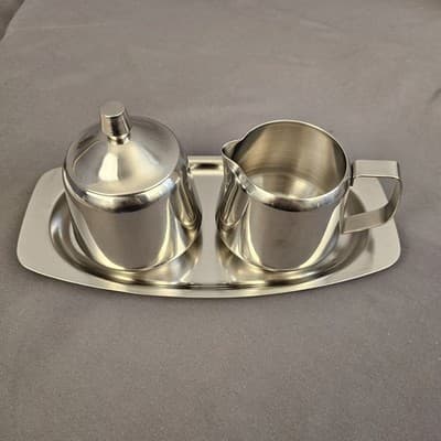 Vintage 1970 Oneida 18/8 Stainless Steel Sugar & Creamer w/ Matching Plate Japan - Thumbnail 2