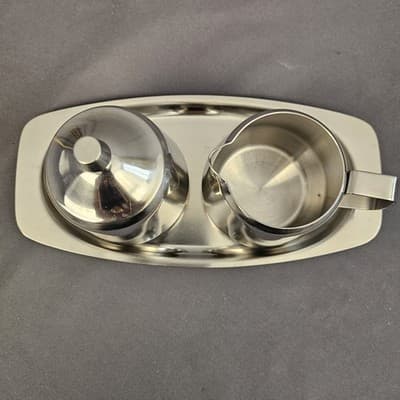 Vintage 1970 Oneida 18/8 Stainless Steel Sugar & Creamer w/ Matching Plate Japan - Thumbnail 3