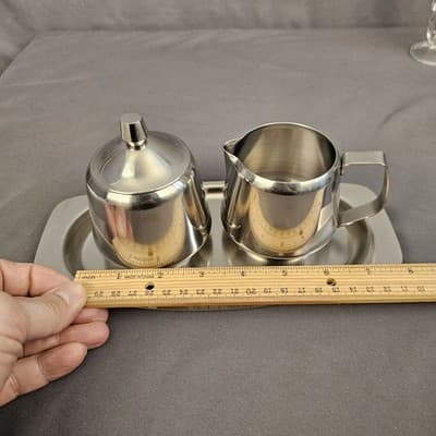 Vintage 1970 Oneida 18/8 Stainless Steel Sugar & Creamer w/ Matching Plate Japan - Thumbnail 13
