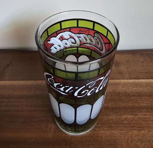 Vintage Coca Cola Glass Green & Red Frosted Stained Glass Tiffany Style 14 Oz - Thumbnail 3