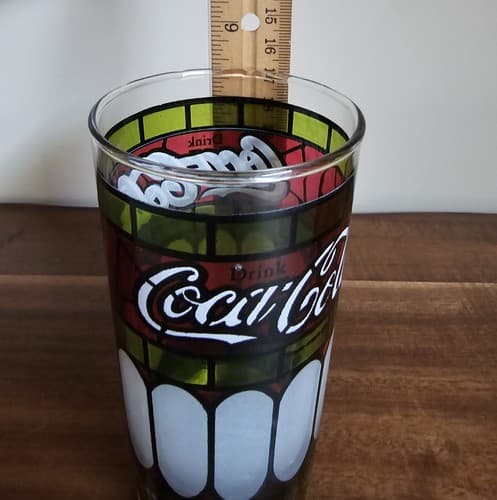 Vintage Coca Cola Glass Green & Red Frosted Stained Glass Tiffany Style 14 Oz - Thumbnail 4