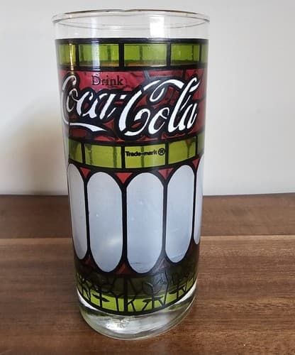 Vintage Coca Cola Glass Green & Red Frosted Stained Glass Tiffany Style 14 Oz - Thumbnail 2