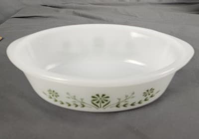 Vintage Glasbake 1 QT Oval Baking Dish Green Daisy Pattern Collectible - Thumbnail 2