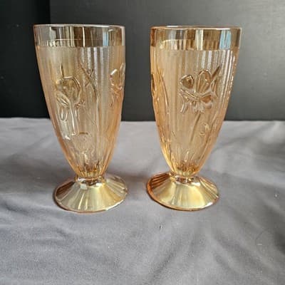 Vintage Jeannette Iris and Herringbone Tumblers Set of 2 Marigold 6" - Thumbnail 3