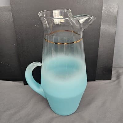 VTG Glass Blendo mid Century Blue Pitcher Frosted Gold Trim Water Juice Bar - Thumbnail 2