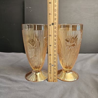 Vintage Jeannette Iris and Herringbone Tumblers Set of 2 Marigold 6" - Thumbnail 6