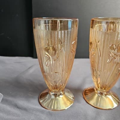 Vintage Jeannette Iris and Herringbone Tumblers Set of 2 Marigold 6" - Thumbnail 4