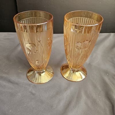 Vintage Jeannette Iris and Herringbone Tumblers Set of 2 Marigold 6" - Thumbnail 5