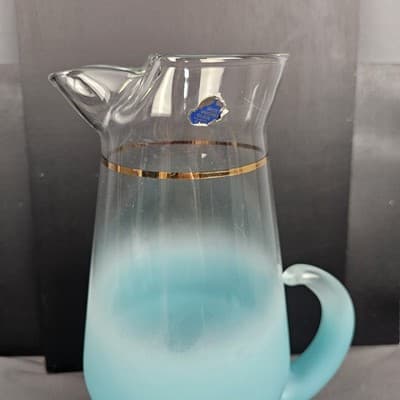 VTG Glass Blendo mid Century Blue Pitcher Frosted Gold Trim Water Juice Bar - Thumbnail 4