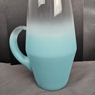VTG Glass Blendo mid Century Blue Pitcher Frosted Gold Trim Water Juice Bar - Thumbnail 3
