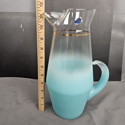 VTG Glass Blendo mid Century Blue Pitcher Frosted Gold Trim Water Juice Bar - Thumbnail 7