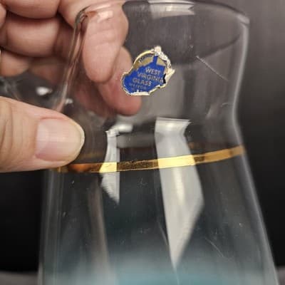 VTG Glass Blendo mid Century Blue Pitcher Frosted Gold Trim Water Juice Bar - Thumbnail 5