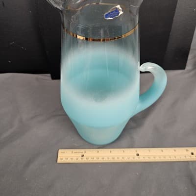VTG Glass Blendo mid Century Blue Pitcher Frosted Gold Trim Water Juice Bar - Thumbnail 8
