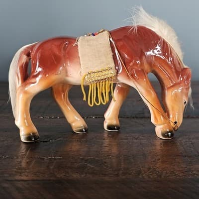 Vtg Japan Horse Figurines Pair fur Hair on Mane and Tail Felt Fringe Saddle - Thumbnail 8