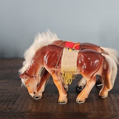Vtg Japan Horse Figurines Pair fur Hair on Mane and Tail Felt Fringe Saddle - Thumbnail 9