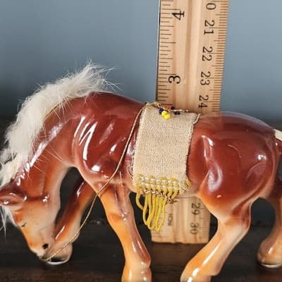 Vtg Japan Horse Figurines Pair fur Hair on Mane and Tail Felt Fringe Saddle - Thumbnail 16