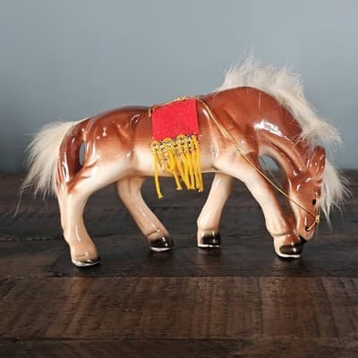 Vtg Japan Horse Figurines Pair fur Hair on Mane and Tail Felt Fringe Saddle - Thumbnail 6