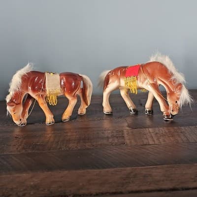 Vtg Japan Horse Figurines Pair fur Hair on Mane and Tail Felt Fringe Saddle - Thumbnail 3