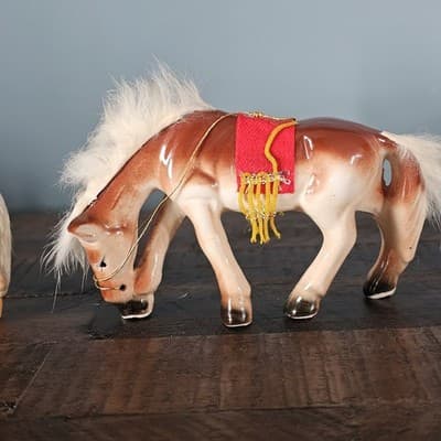 Vtg Japan Horse Figurines Pair fur Hair on Mane and Tail Felt Fringe Saddle - Thumbnail 7