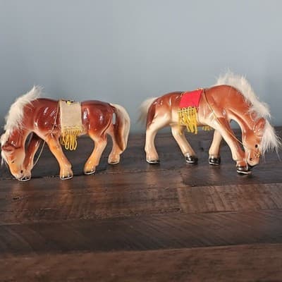 Vtg Japan Horse Figurines Pair fur Hair on Mane and Tail Felt Fringe Saddle - Thumbnail 2