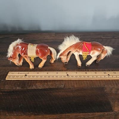 Vtg Japan Horse Figurines Pair fur Hair on Mane and Tail Felt Fringe Saddle - Thumbnail 14