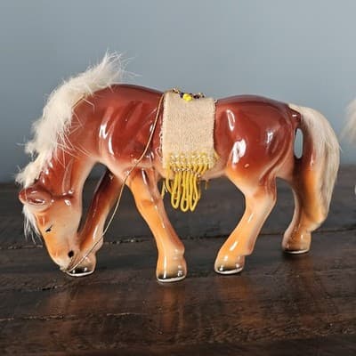 Vtg Japan Horse Figurines Pair fur Hair on Mane and Tail Felt Fringe Saddle - Thumbnail 4