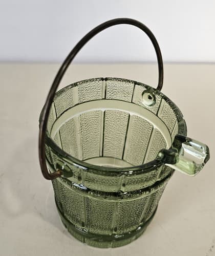 Vintage 1950’s Green Glass Ashtray Water Bucket w/ Handle Smokers Collectible - Thumbnail 2