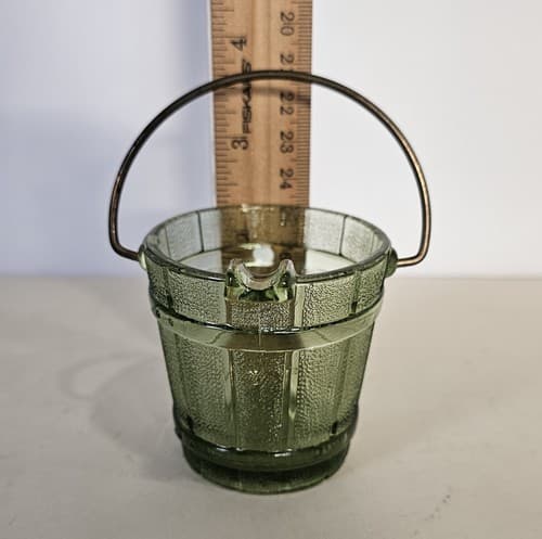 Vintage 1950’s Green Glass Ashtray Water Bucket w/ Handle Smokers Collectible - Thumbnail 5