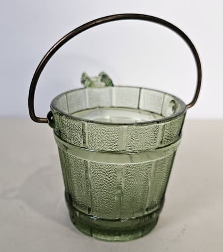 Vintage 1950’s Green Glass Ashtray Water Bucket w/ Handle Smokers Collectible - Thumbnail 4