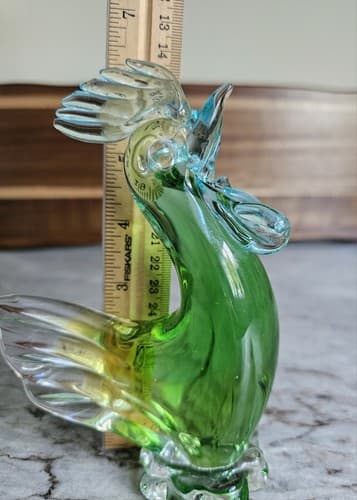 Hand Blown Glass Rooster Chicken Green Paperweight 5"x6.5" Farmhouse Ranch House - Thumbnail 3