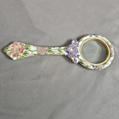 Art Nouveau Magnifying Glass Enameled Flowers Vintage 9" Long - Thumbnail 3