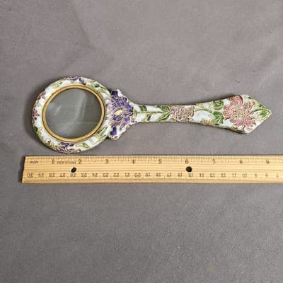 Art Nouveau Magnifying Glass Enameled Flowers Vintage 9" Long - Thumbnail 2