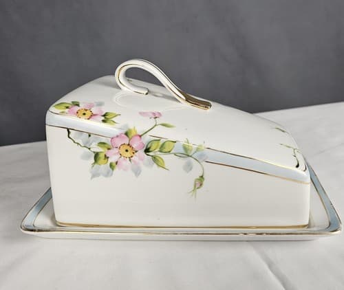Antique Floral Nippon Hand Painted Cheese /Butter Dish Wild Rose - Thumbnail 2