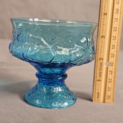 Vintage INDIANA GLASS Kings Crown Aqua Blue Thumbprint Pedestal COMPOTE Bowl - Thumbnail 6