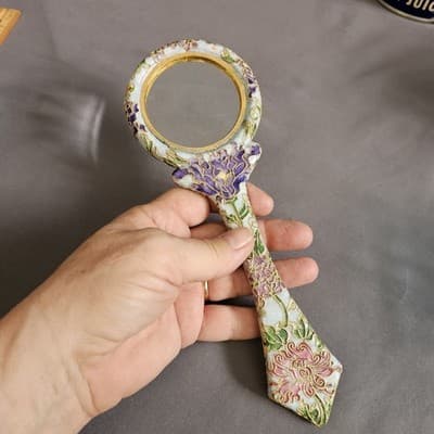 Art Nouveau Magnifying Glass Enameled Flowers Vintage 9" Long - Thumbnail 5