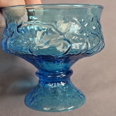 Vintage INDIANA GLASS Kings Crown Aqua Blue Thumbprint Pedestal COMPOTE Bowl - Thumbnail 2