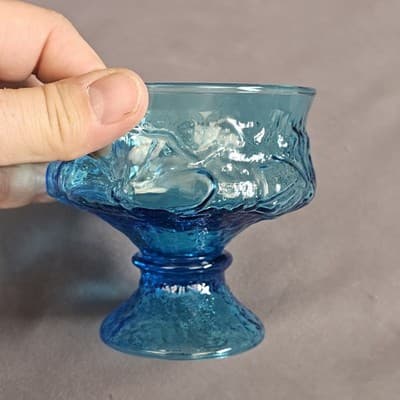 Vintage INDIANA GLASS Kings Crown Aqua Blue Thumbprint Pedestal COMPOTE Bowl - Thumbnail 5