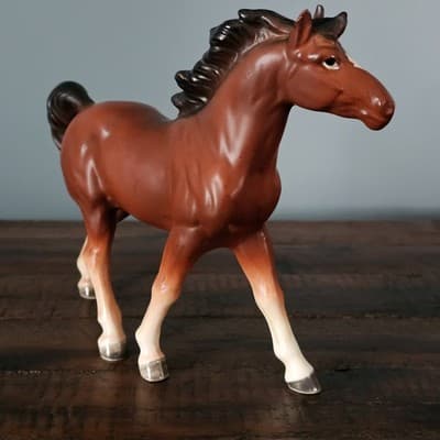 Vintage Porcelain Horse Figurine Bay w White Socks Inarco Japan E3600 6.25" x 8" - Thumbnail 3