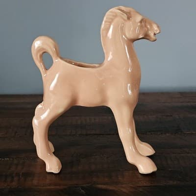 Vintage Mid Century Ceramic Horse Planter Peach Pink 6.25" x 6" Farmhouse Deco - Thumbnail 3