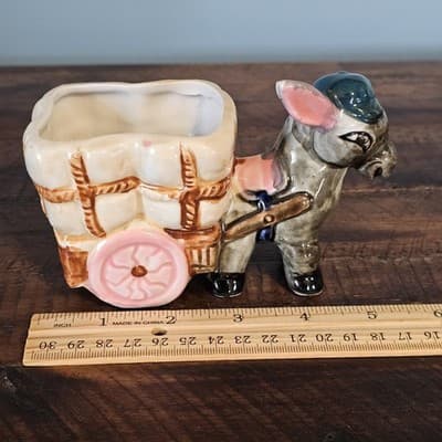Vintage Donkey Mule with Hat Pulling Cart Planter One Ear Down 3.75” tall x 5.5” - Thumbnail 7