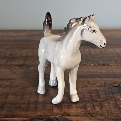 Vintage Bone China Gray Horse Figurine Very Small Pony 2.75" Tall Happy Tail Up - Thumbnail 2