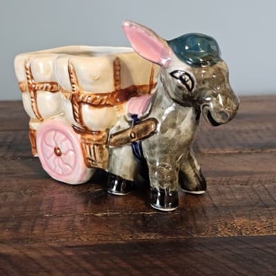 Vintage Donkey Mule with Hat Pulling Cart Planter One Ear Down 3.75” tall x 5.5” - Thumbnail 5