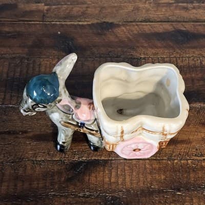 Vintage Donkey Mule with Hat Pulling Cart Planter One Ear Down 3.75” tall x 5.5” - Thumbnail 3