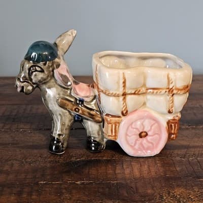 Vintage Donkey Mule with Hat Pulling Cart Planter One Ear Down 3.75” tall x 5.5” - Thumbnail 2