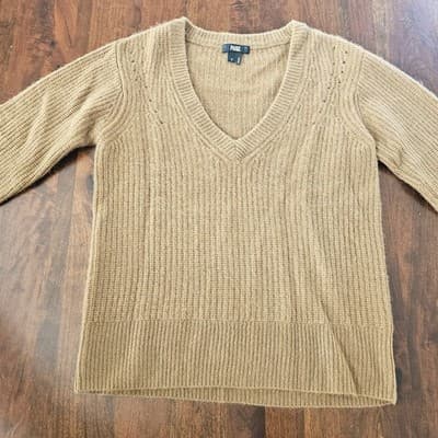 Paige V-Neck Cashmere Tan Sweater S Woven Pull Over Small - Thumbnail 4