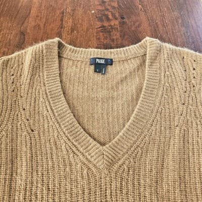 Paige V-Neck Cashmere Tan Sweater S Woven Pull Over Small - Thumbnail 3