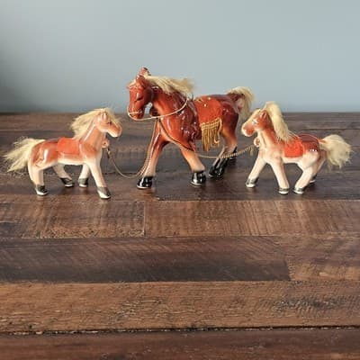 Vtg Japan Horse Figurines Family fur Hair on Mane and Tail Felt Fringe Saddle - Thumbnail 4
