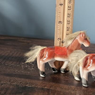 Vtg Japan Horse Figurines Family fur Hair on Mane and Tail Felt Fringe Saddle - Thumbnail 10