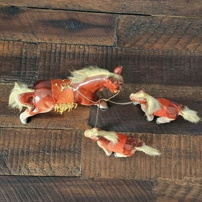 Vtg Japan Horse Figurines Family fur Hair on Mane and Tail Felt Fringe Saddle - Thumbnail 3